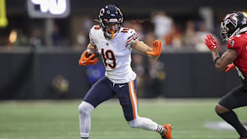 Nov 20, 2022; Atlanta, Georgia, USA; Chicago Bears wide receiver Equanimeous St. Brown (19) runs after a catch against the Atlanta Falcons in the second quarter at Mercedes-Benz Stadium. Mandatory Credit: Brett Davis-Imagn Images
