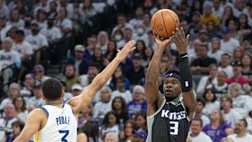 April 30, 2023; Sacramento, California, USA; Sacramento Kings guard Terence Davis (3) shoots the basketball during the first quarter in game seven of the 2023 NBA playoffs first round against the Sacramento Kings at Golden 1 Center. Mandatory Credit: Kyle Terada-Imagn Images