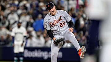 Tigers pitcher Tarik Skubal celebrates striking out Mariners catcher Cal Raleigh I the sixth inning of ALDS Game 5 at T-Mobile Park in Seattle on Friday, Oct. 10, 2025