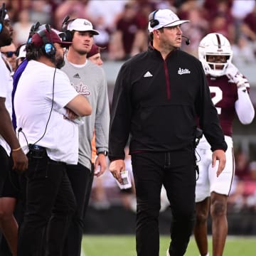 Mississippi State Bulldogs head coach Jeff Lebby walks down the sideline during the first quarter against the Eastern Kentucky Colonels at Davis Wade Stadium at Scott Field.