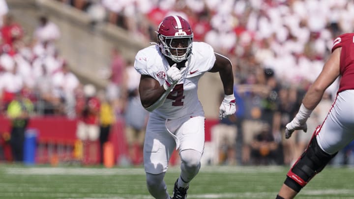 Sep 14, 2024; Madison, Wisconsin, USA;  Alabama Crimson Tide linebacker Qua Russaw (4) during the game against the Wisconsin Badgers at Camp Randall Stadium. Mandatory Credit: Jeff Hanisch-Imagn Images