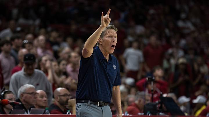 Oct 24, 2026; Fayetteville, AK, USA;  Gonzaga Bulldogs head coach Mark Few signals to his players during the second half against the Arkansas Razorbacks at Bud Walton Arena.  Mandatory Credit: Brett Rojo-Imagn Images