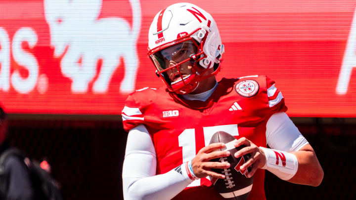 Aug 31, 2024; Lincoln, Nebraska, USA; Nebraska Cornhuskers quarterback Dylan Raiola (15) warms up before a game against the UTEP Miners at Memorial Stadium. 