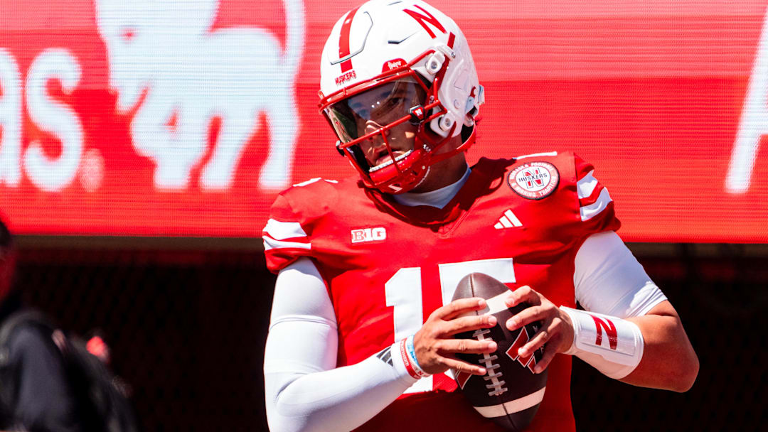 Aug 31, 2024; Lincoln, Nebraska, USA; Nebraska Cornhuskers quarterback Dylan Raiola (15) warms up before a game against the UTEP Miners at Memorial Stadium. Mandatory Credit: Dylan Widger-Imagn Images