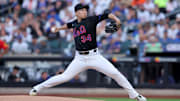 Aug 14, 2025; New York City, New York, USA; New York Mets starting pitcher Kodai Senga (34) pitches against the Atlanta Braves during the first inning at Citi Field. Mandatory Credit: Brad Penner-Imagn Images