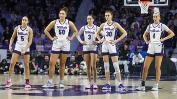 Mar 24, 2024; Manhattan, Kansas, USA; The Kansas State Wildcats look on during a timeout in the third quarter against the Colorado Buffaloes at Bramlage Coliseum. Mandatory Credit: Scott Sewell-USA TODAY Sports