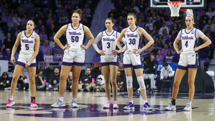 Mar 24, 2024; Manhattan, Kansas, USA; The Kansas State Wildcats look on during a timeout in the third quarter against the Colorado Buffaloes at Bramlage Coliseum. Mandatory Credit: Scott Sewell-USA TODAY Sports