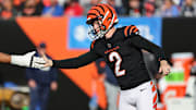 Nov 23, 2025; Cincinnati, Ohio, USA; Cincinnati Bengals place kicker Evan McPherson (2) celebrates after kicking a field goal during the first half against the New England Patriots at Paycor Stadium. Mandatory Credit: Joseph Maiorana-Imagn Images