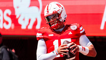 Aug 31, 2024; Lincoln, Nebraska, USA; Nebraska Cornhuskers quarterback Dylan Raiola (15) warms up before a game against the UTEP Miners at Memorial Stadium. Mandatory Credit: Dylan Widger-Imagn Images