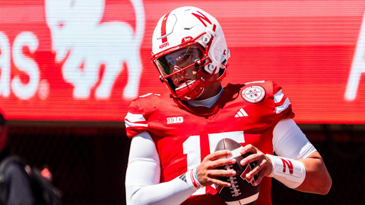 Aug 31, 2024; Lincoln, Nebraska, USA; Nebraska Cornhuskers quarterback Dylan Raiola (15) warms up before a game against the UTEP Miners at Memorial Stadium. Mandatory Credit: Dylan Widger-Imagn Images