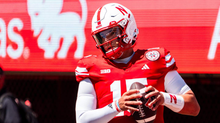 Aug 31, 2024; Lincoln, Nebraska, USA; Nebraska Cornhuskers quarterback Dylan Raiola (15) warms up before a game against the UTEP Miners at Memorial Stadium.