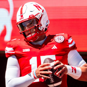 Nebraska Cornhuskers quarterback Dylan Raiola (15) warms up 