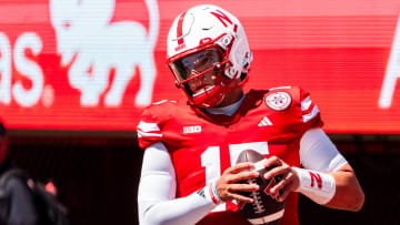 Aug 31, 2024; Lincoln, Nebraska, USA; Nebraska Cornhuskers quarterback Dylan Raiola (15) warms up before a game against the UTEP Miners at Memorial Stadium. Mandatory Credit: Dylan Widger-USA TODAY Sports
