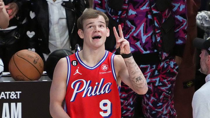 Philadelphia 76ers guard Mac McClung (9) reacts in the Dunk Contest during the 2023 All Star Saturday Night at Vivint Arena. 