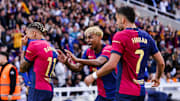 Raphinha (left) Lamine Yamal (middle) and Ferran Torres had six goal involvements between them in Barcelona's victory vs. Real Madrid.