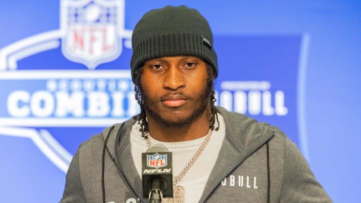 Feb 29, 2024; Indianapolis, IN, USA; Georgia defensive back Tykee Smith (DB63) talks to the media during the 2024 NFL Combine at Lucas Oil Stadium. Mandatory Credit: Trevor Ruszkowski-USA TODAY Sports