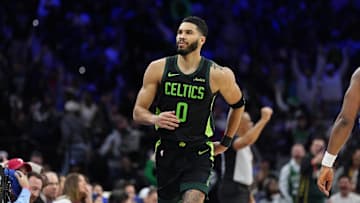 Feb 2, 2025; Philadelphia, Pennsylvania, USA; Boston Celtics forward Jayson Tatum (0) reacts against the Philadelphia 76ers in the fourth quarter at Wells Fargo Center. Mandatory Credit: Kyle Ross-Imagn Images