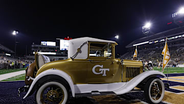 Sep 20, 2025; Atlanta, Georgia, USA; Georgia Tech Yellow Jackets Ramblin' Wreck car on the field after a game against the Temple Owls at Bobby Dodd Stadium at Hyundai Field. Mandatory Credit: Brett Davis-Imagn Images
