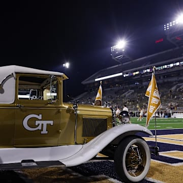 Sep 20, 2025; Atlanta, Georgia, USA; Georgia Tech Yellow Jackets Ramblin' Wreck car on the field after a game against the Temple Owls at Bobby Dodd Stadium at Hyundai Field. Mandatory Credit: Brett Davis-Imagn Images
