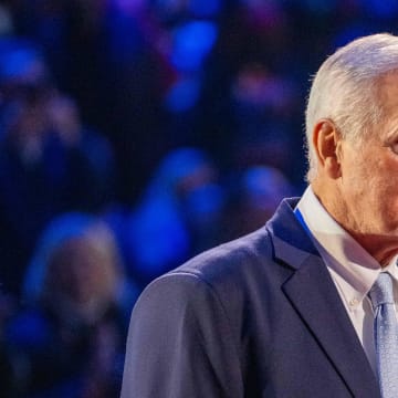 February 20, 2022; Cleveland, Ohio, USA; NBA great Jerry West is honored for being selected to the NBA 75th Anniversary Team during halftime in the 2022 NBA All-Star Game at Rocket Mortgage FieldHouse. Mandatory Credit: Kyle Terada-USA TODAY Sports