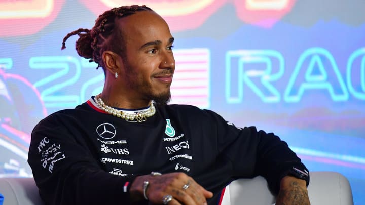 Nov 15, 2023; Las Vegas, Nevada, USA; Mercedes AMG Petronas driver Lewis Hamilton of Great Britain during media availabilities at Las Vegas Strip Circuit. Mandatory Credit: Gary A. Vasquez-USA TODAY Sports