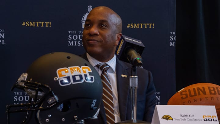 Keith Gill, commissioner of the Sun Belt Conference, announces that Southern Miss will join the Sun Belt Conference at the Southern Miss Trent Lott Center in Hattiesburg, Miss. on Tuesday, Oct. 26, 2021.
Usm Joins Sun Belt Conference Keith Gill, commissioner of the Sun Belt Conference, announces that Southern Miss will join the Sun Belt Conference at the Southern Miss Trent Lott Center in Hattiesburg, Miss. on Tuesday, Oct. 26, 2021.
Usm Joins Sun Belt Conference