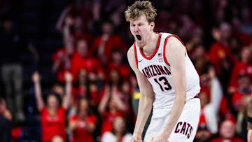 Arizona Wildcats forward Henri Veesaar (13) celebrates after he made a three point shot during the first half against the Baylor Bears at McKale Center.