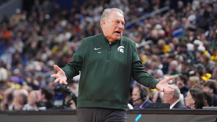Mar 21, 2026; Buffalo, NY, USA; Michigan State Spartans head coach Tom Izzo reacts in the first half against the Louisville Cardinals during a second round game of the men's 2026 NCAA Tournament at Keybank Center. Mandatory Credit: Gregory Fisher-Imagn Images