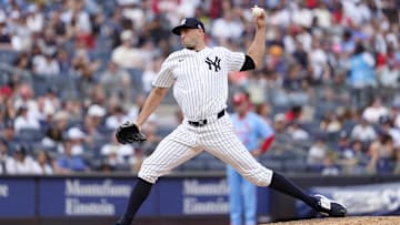 Aug 31, 2024; Bronx, New York, USA; New York Yankees pitcher Tim Mayza (58) delivers against the St. Louis Cardinals during the eighth inning at Yankee Stadium. Mandatory Credit: Gregory Fisher-Imagn Images