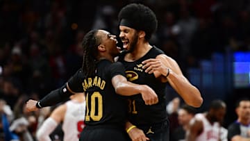 Nov 15, 2024; Cleveland, Ohio, USA; Cleveland Cavaliers guard Darius Garland (10) and center Jarrett Allen (31) celebrate during the second half against the Chicago Bulls at Rocket Mortgage FieldHouse. Mandatory Credit: Ken Blaze-Imagn Images