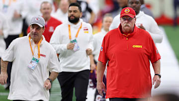 Feb 9, 2025; New Orleans, LA, USA; Kansas City Chiefs head coach Andy Reid on the sideline before Super Bowl LIX between the Philadelphia Eagles and the Kansas City Chiefs at Caesars Superdome. Mandatory Credit: Bill Streicher-Imagn Images