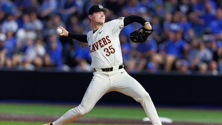 Jun 9, 2024; Lexington, KY, USA; Oregon State Beavers pitcher Jacob Kmatz (35) throws a pitch during the first inning against the Kentucky Wildcats at Kentucky Proud Park. Mandatory Credit: Jordan Prather-USA TODAY Sports