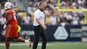 Nov 9, 2024; Atlanta, Georgia, USA; Miami Hurricanes head coach Mario Cristobal on the sideline against the Georgia Tech Yellow Jackets in the first quarter at Bobby Dodd Stadium at Hyundai Field. Mandatory Credit: Brett Davis-Imagn Images