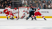 Mar 20, 2025; San Jose, California, USA; Carolina Hurricanes goaltender Frederik Andersen (31) makes a save against San Jose Sharks left wing William Eklund (72) during the first period at SAP Center at San Jose. Mandatory Credit: Neville E. Guard-Imagn Images