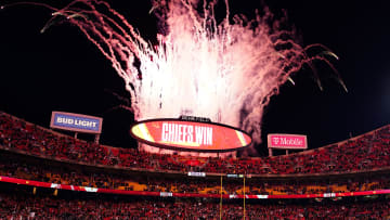 Jan 16, 2022; Kansas City, Missouri, USA; Fireworks go off as the Kansas City Chiefs defeat the Pittsburgh Steelers in an AFC Wild Card playoff football game at GEHA Field at Arrowhead Stadium. Mandatory Credit: Jay Biggerstaff-USA TODAY Sports