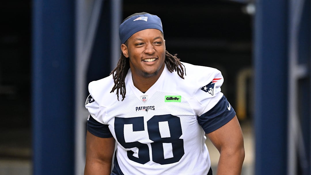 Jun 9, 2025; Foxborough, MA, USA; New England Patriots center Jared Wilson (58) walks to the practice fields at Gillette Stadium. Mandatory Credit: Eric Canha-Imagn Images