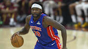 Oct 14, 2025; Cleveland, Ohio, USA; Detroit Pistons forward Isaiah Stewart (28) dribbles the ball in the second quarter against the Cleveland Cavaliers at Rocket Arena. Mandatory Credit: David Richard-Imagn Images