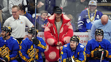 Feb 3, 2024; Toronto, Ontario, CAN; Team Matthews celebrity captain Justin Bieber looks on from the bench during the 2024 NHL All-Star Game at Scotiabank Arena. Mandatory Credit: John E. Sokolowski-Imagn Images