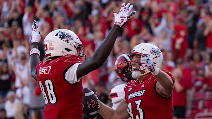 Louisville Cardinals tight end Jaleel Skinner (88) and tight end Mark Redman (83) celebrate the play during their game against the Jacksonville State Gamecocks on Saturday, Sept. 7, 2024 at L&N Federal Credit Union Stadium in Louisville, Ky.