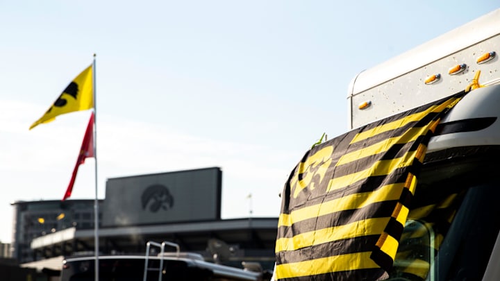 An Iowa Hawkeyes Tigerhawk flag covers the windshield of a tailgating vehicle before a NCAA football game against South Dakota State, Saturday, Sept. 3, 2022, at Kinnick Stadium in Iowa City, Iowa.

220903 Sdsu Iowa Fb 008 Jpg