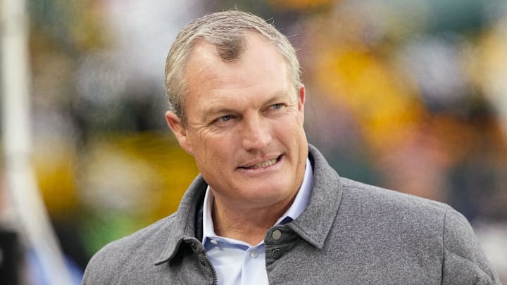 Nov 24, 2024; Green Bay, Wisconsin, USA;  San Francisco 49ers president of football operations John Lynch looks on during warmups prior to the game against the San Francisco 49ers at Lambeau Field. Mandatory Credit: Jeff Hanisch-Imagn Images