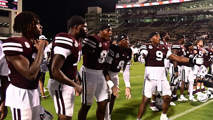 Aug 31, 2024; Starkville, Mississippi, USA;  Mississippi State Bulldogs players react after defeating the Eastern Kentucky Colonels at Davis Wade Stadium at Scott Field. Mandatory Credit: Matt Bush-Imagn Images