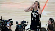 New York Liberty's Sabrina Ionescu (20) celebrates Friday, July 18, 2025, after winning the WNBA All-Star 3-point contest at Gainbridge Fieldhouse in Indianapolis.