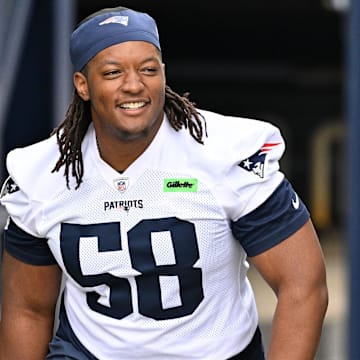 Jun 9, 2025; Foxborough, MA, USA; New England Patriots center Jared Wilson (58) walks to the practice fields at Gillette Stadium. Mandatory Credit: Eric Canha-Imagn Images