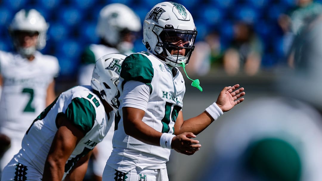 Sep 27, 2025; Colorado Springs, Colorado, USA; Hawaii Rainbow Warriors quarterback Micah Alejado (12) before the game against the Air Force Falcons at Falcon Stadium. Mandatory Credit: Isaiah J. Downing-Imagn Images