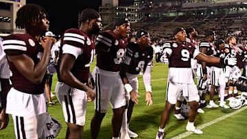 Aug 31, 2024; Starkville, Mississippi, USA;  Mississippi State Bulldogs players react after defeating the Eastern Kentucky Colonels at Davis Wade Stadium at Scott Field. Mandatory Credit: Matt Bush-Imagn Images