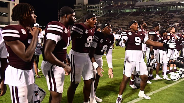 Aug 31, 2024; Starkville, Mississippi, USA;  Mississippi State Bulldogs players react after defeating the Eastern Kentucky Colonels at Davis Wade Stadium at Scott Field. Mandatory Credit: Matt Bush-Imagn Images