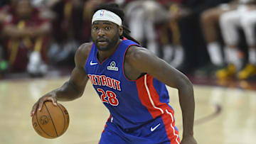 Oct 14, 2025; Cleveland, Ohio, USA; Detroit Pistons forward Isaiah Stewart (28) dribbles the ball in the second quarter against the Cleveland Cavaliers at Rocket Arena. Mandatory Credit: David Richard-Imagn Images