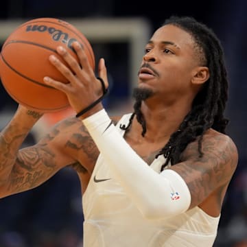 Oct 27, 2025; San Francisco, California, USA; Memphis Grizzlies guard Ja Morant (12) warms up before the start of the game against the Golden State Warriors at the Chase Center. Mandatory Credit: Cary Edmondson-Imagn Images
