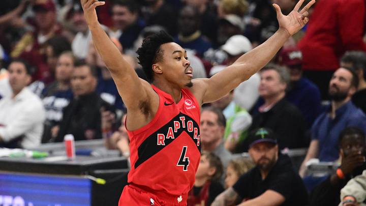 Apr 18, 2026; Cleveland, Ohio, USA; Toronto Raptors forward Scottie Barnes (4) celebrates after hitting a three point basket against the Cleveland Cavaliers during the first quarter of game one in the first round of the 2026 NBA Playoffs at Rocket Arena. Mandatory Credit: Ken Blaze-Imagn Images
